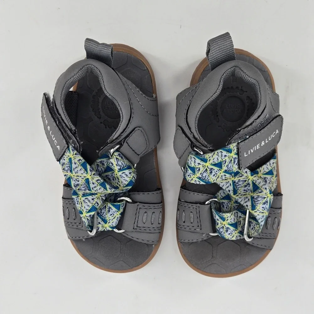 Livie And Luca Ziggy Gray Geometric Straps Toddler Sandals Comfort Size 6 EUC